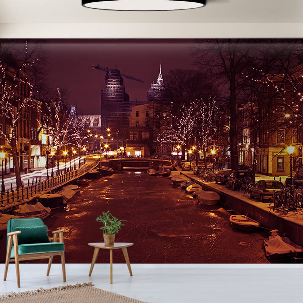 Frozen canal and christmas in winter Amsterdam wall mural