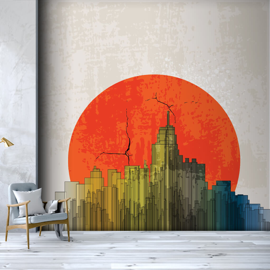 Red sun and skyscrapers apocalyptic custom wall mural