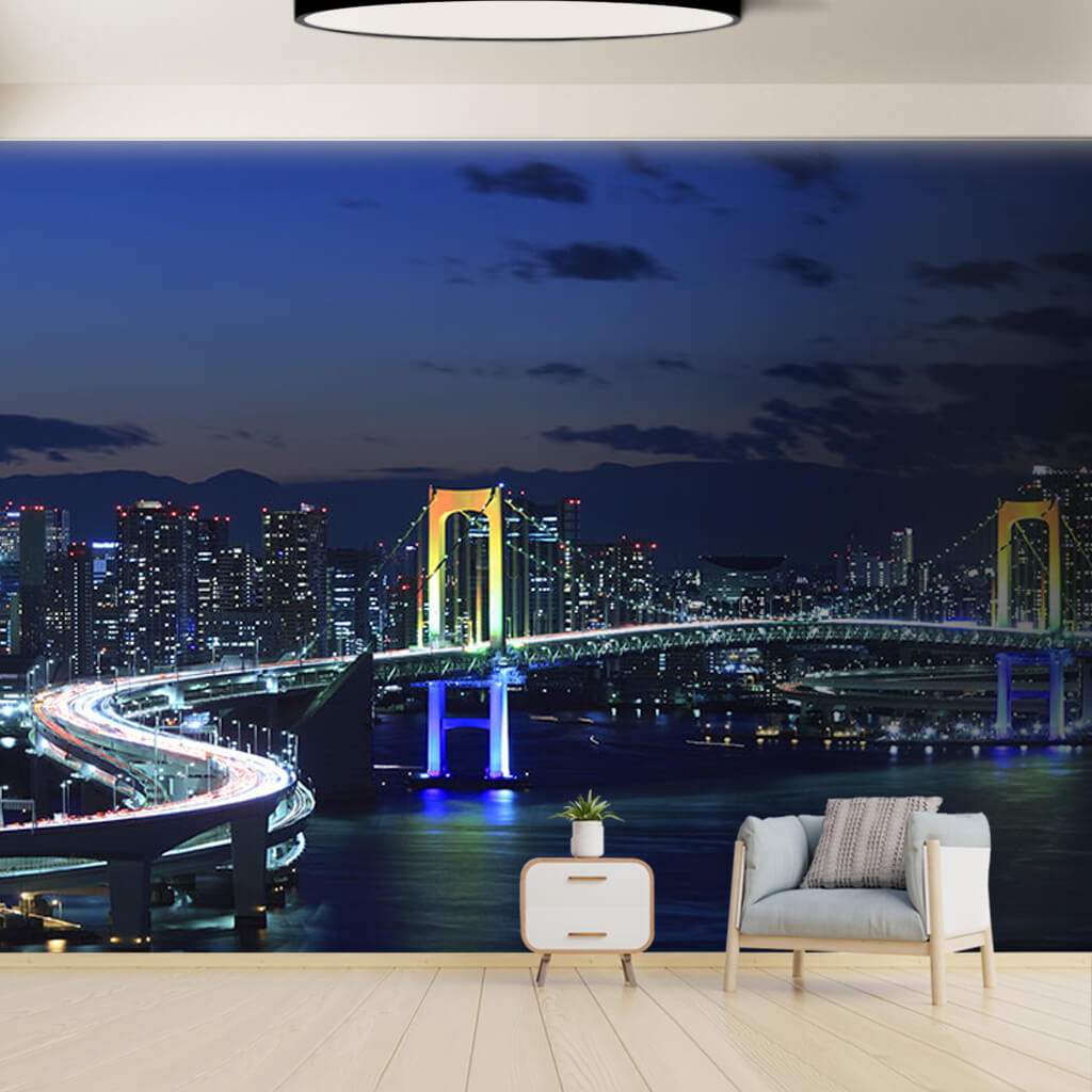 Gece Gökkuşağı Köprüsü ve Tokyo şehir manzarası duvar kağıdı