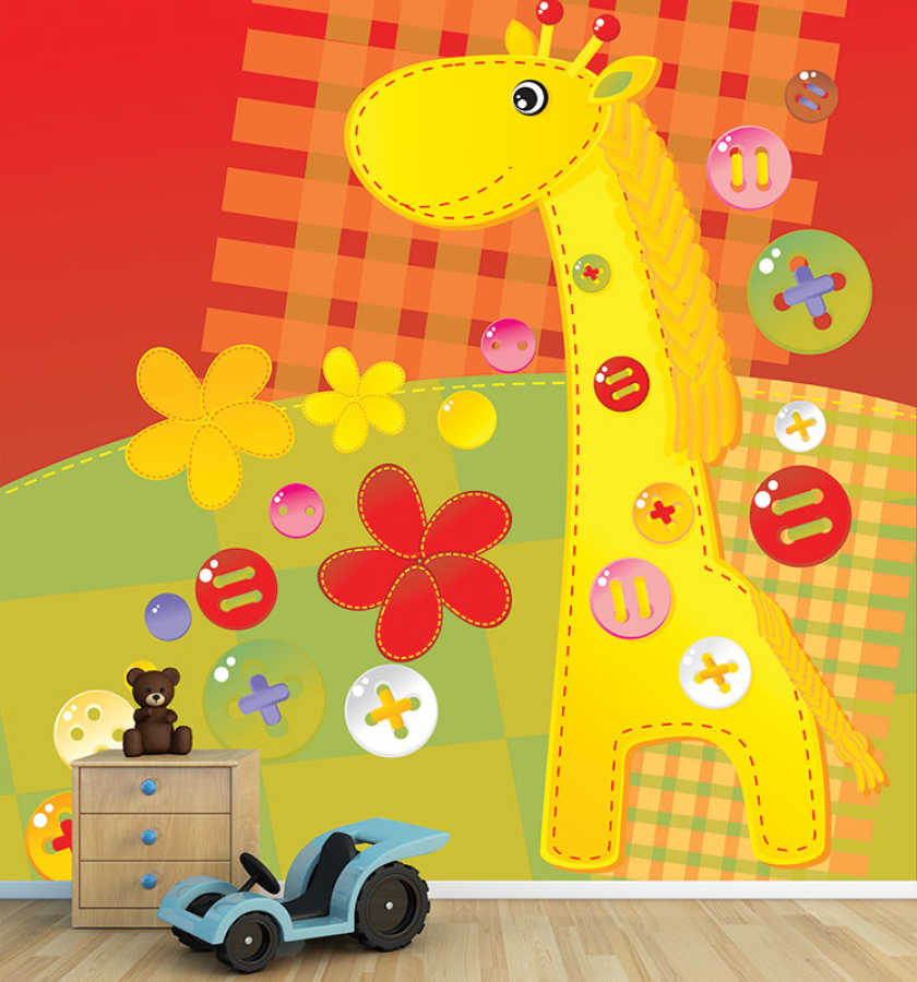 Renkli düğmeler zürafa ve çiçekler bebek odası duvar kağıdı. 