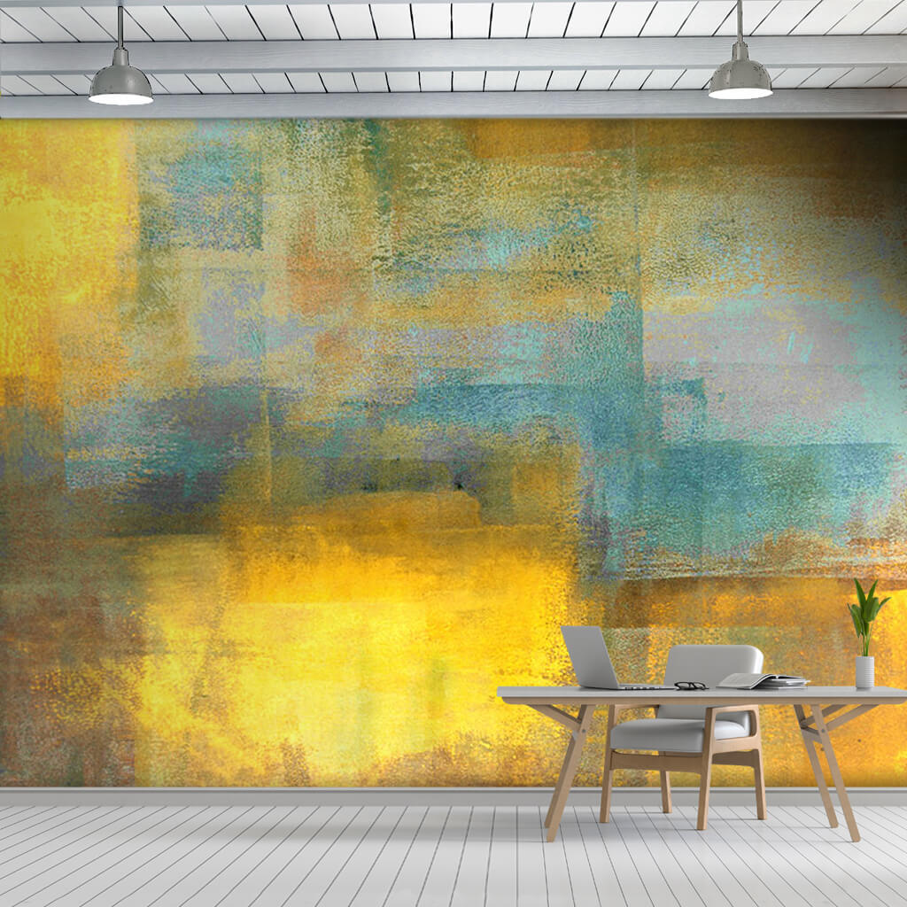 Yellow green stains abstract art on concrete wall mural