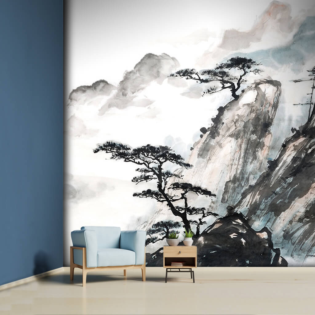 Uçurumda ağaçlar sulu boya baskı resim Çin sanatı duvar kağıdı
