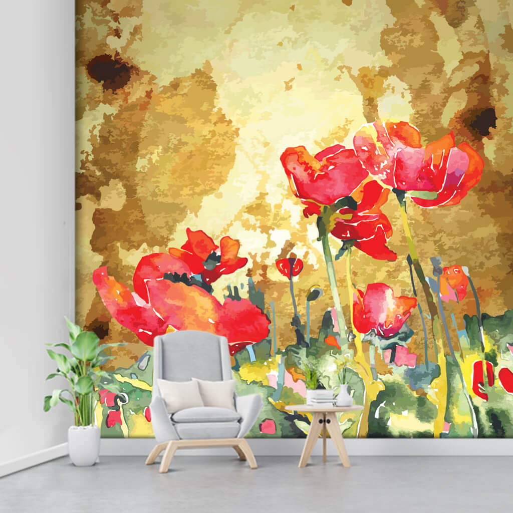 Picture of red poppies on yellow background wall mural