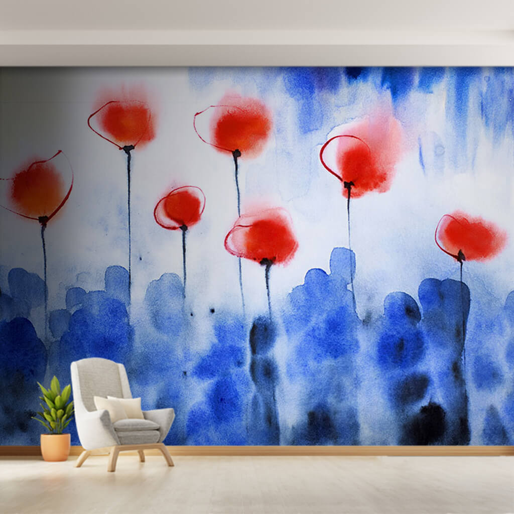 Blue watercolor painting and red poppies art wall mural