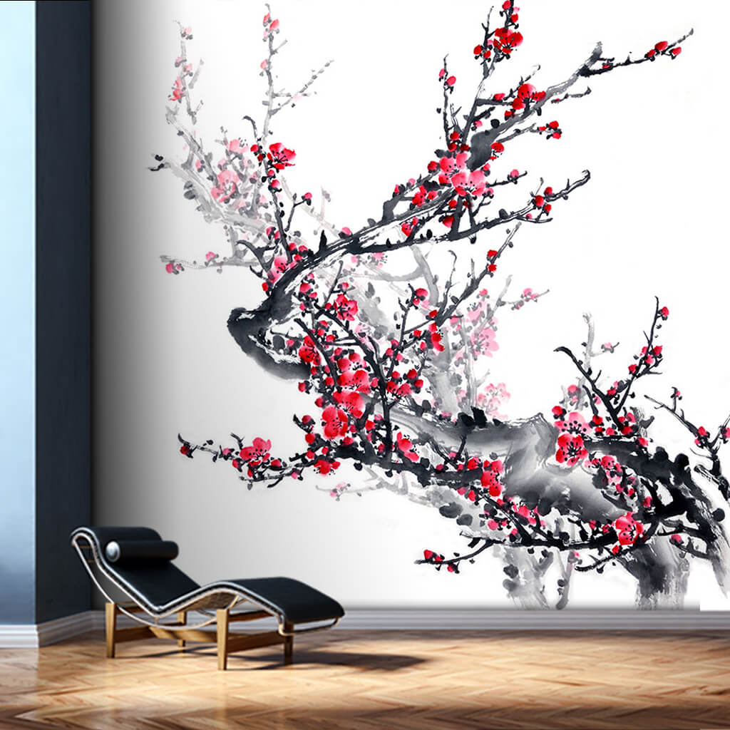 Red fruity tree branch watercolor painting wall mural