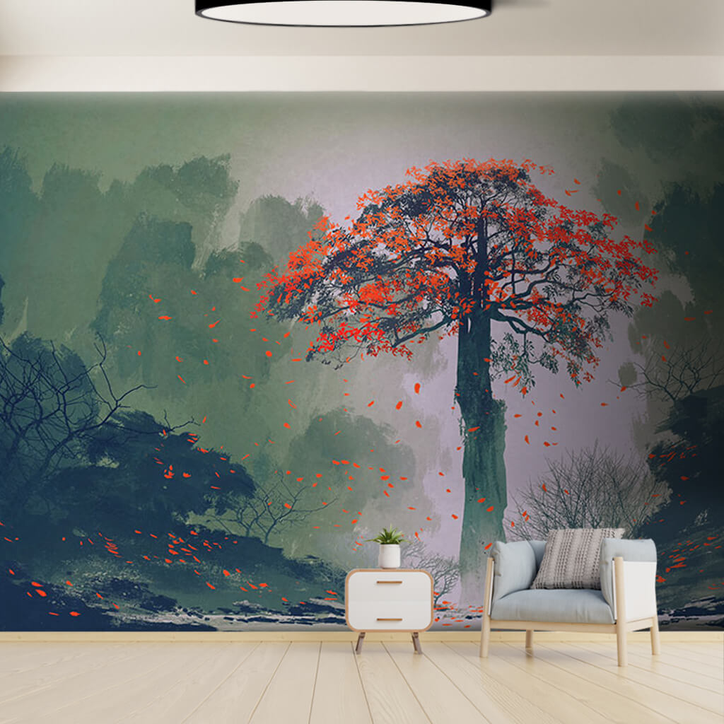 Lonely red tree with falling leaves in the forest wall mural