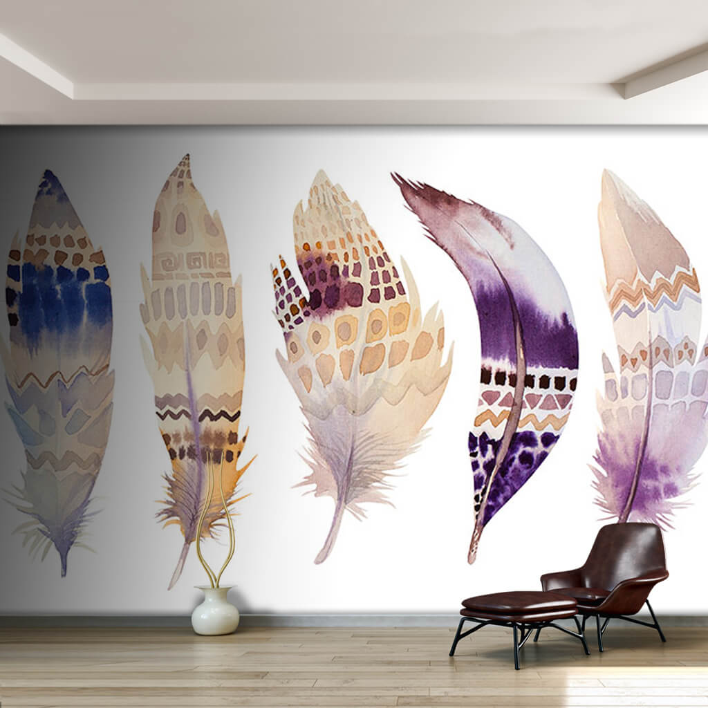 Hand drawn watercolor feather set illustration wall mural