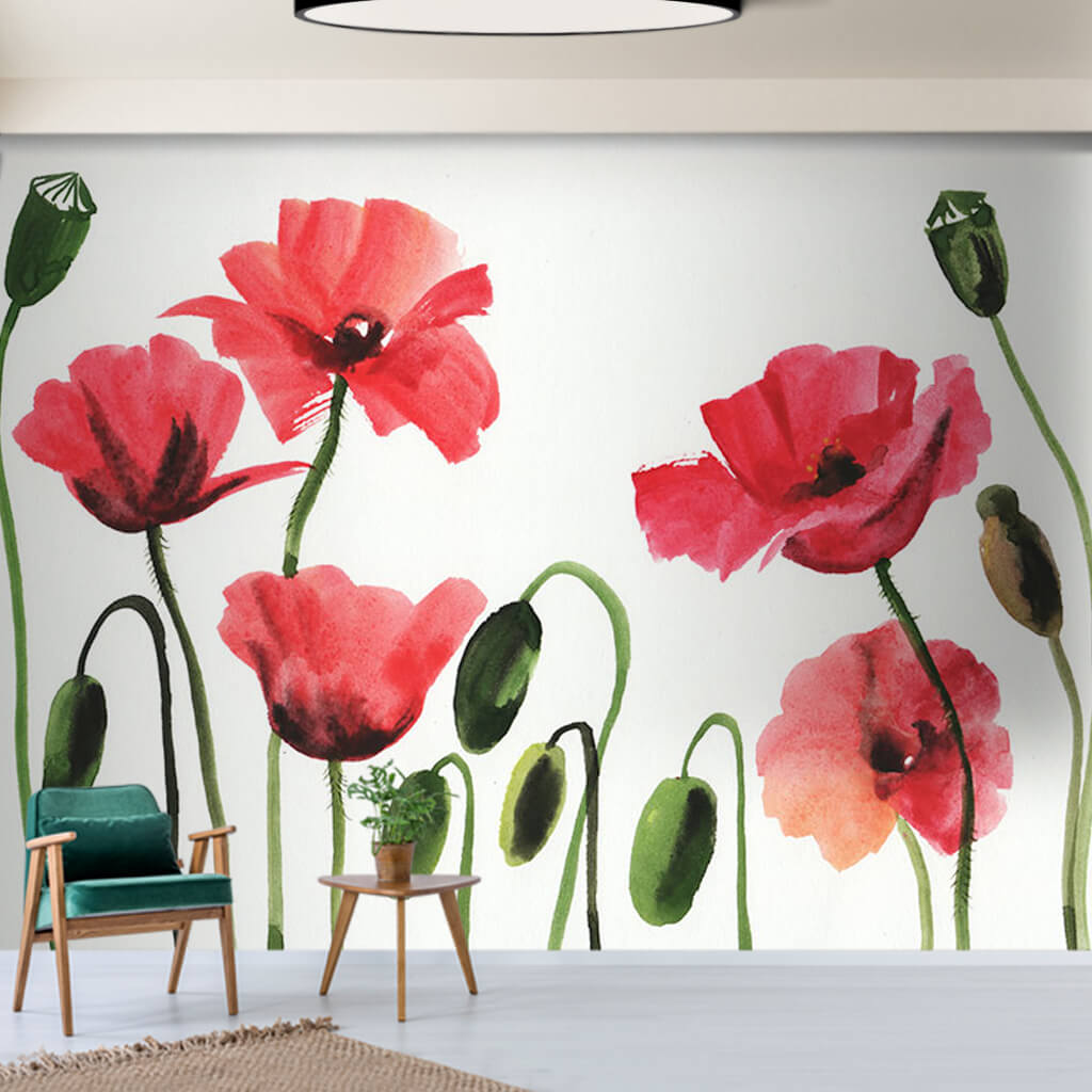 Poppies and buds watercolor paint scalable custom wall mural