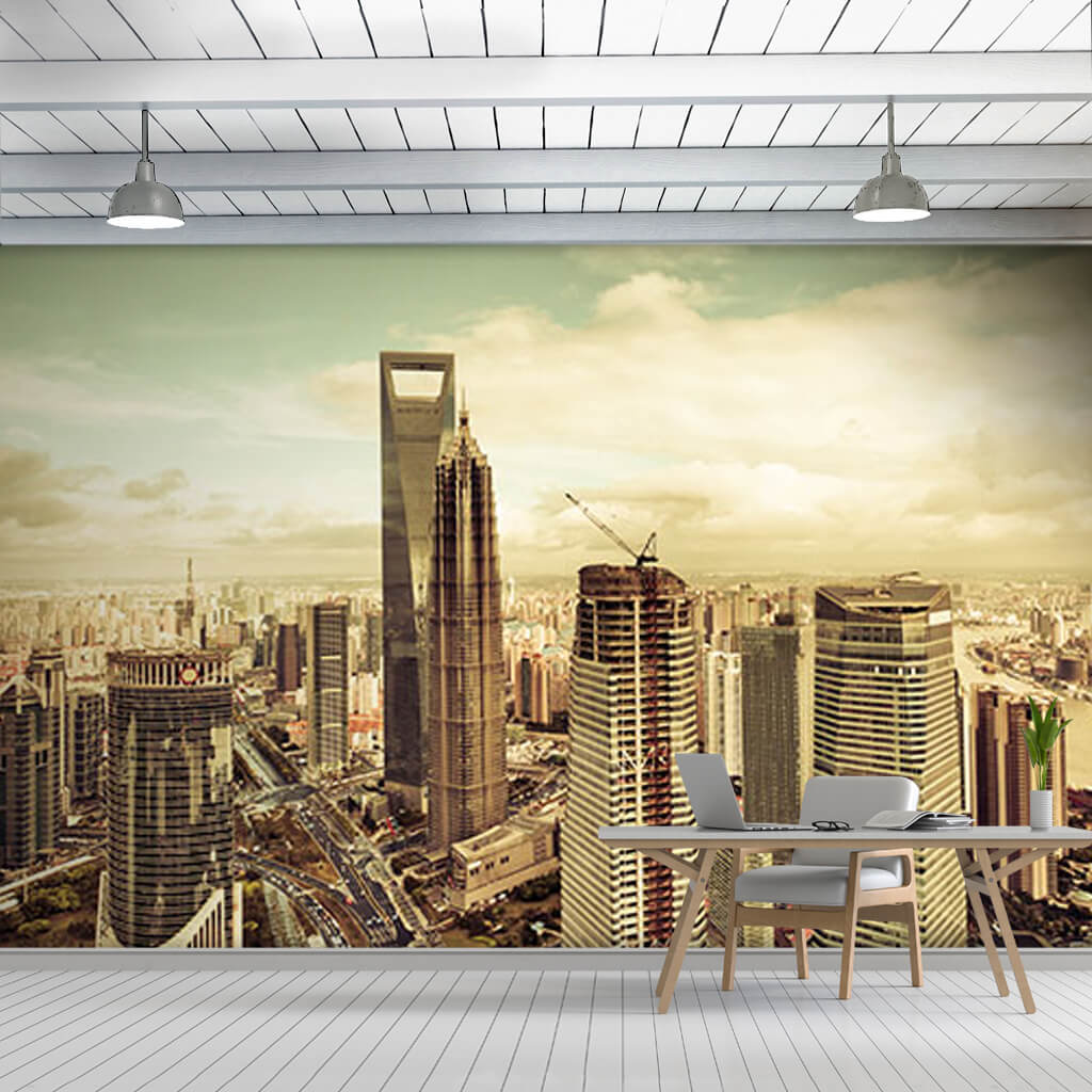 Panoramik gökdelenler ve şehir Şangay Çin duvar kağıdı