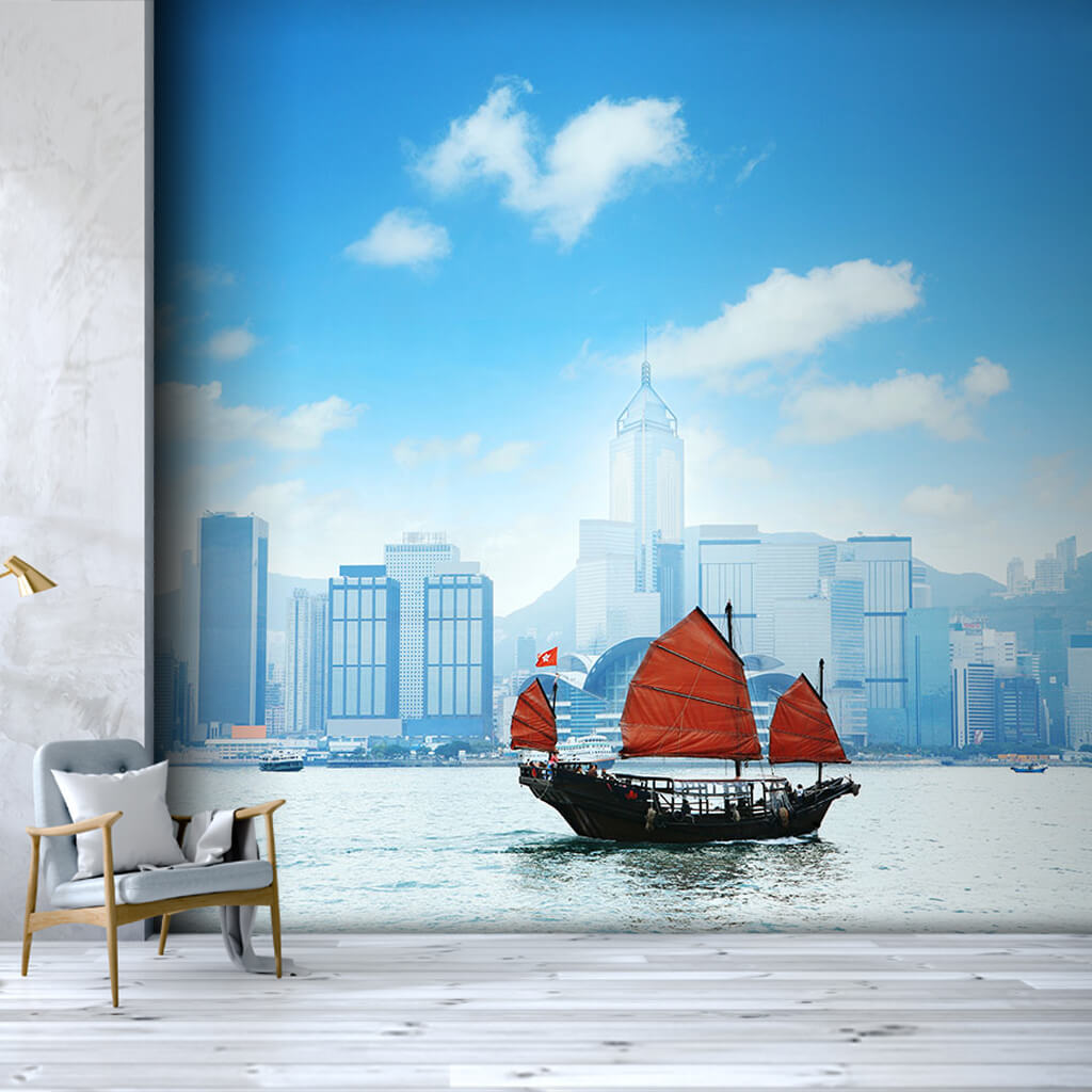 Kırmızı yelkenli tekne Hong Kong Victoria Limanı duvar kağıdı