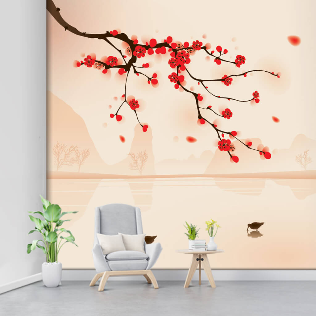 Red floral almond tree branch and birds soft wall mural