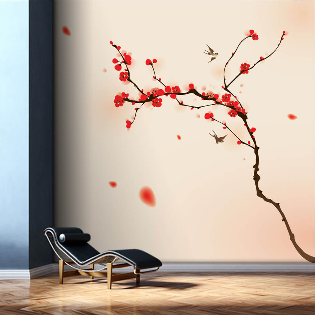 Red blooming almond tree branch soft pink wall mural