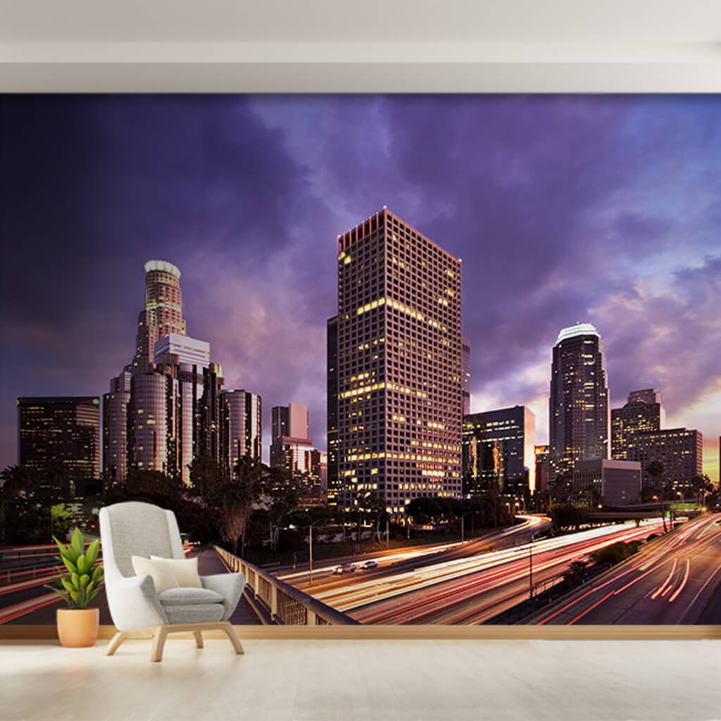 Flowing traffic lights at night city Los Angeles wall mural