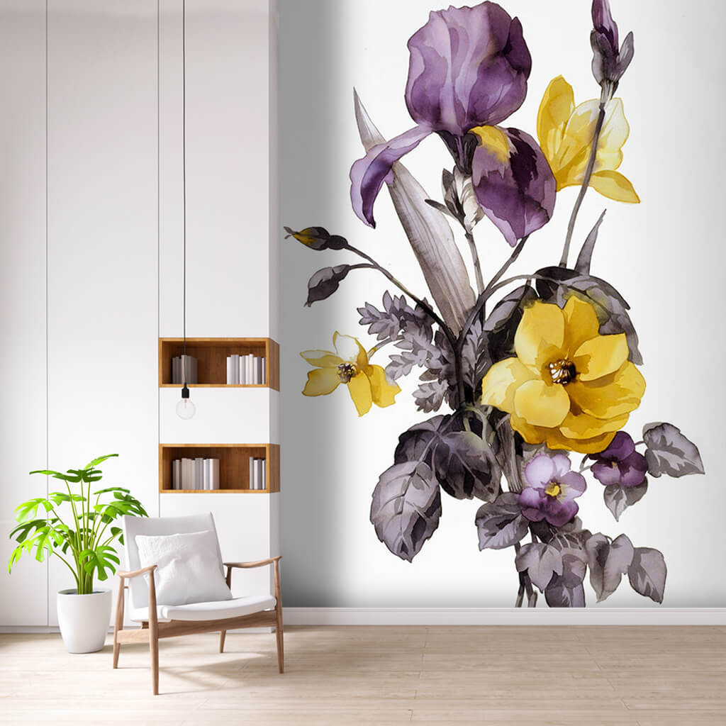 Yellow purple flower bouquet watercolor painting wall mural