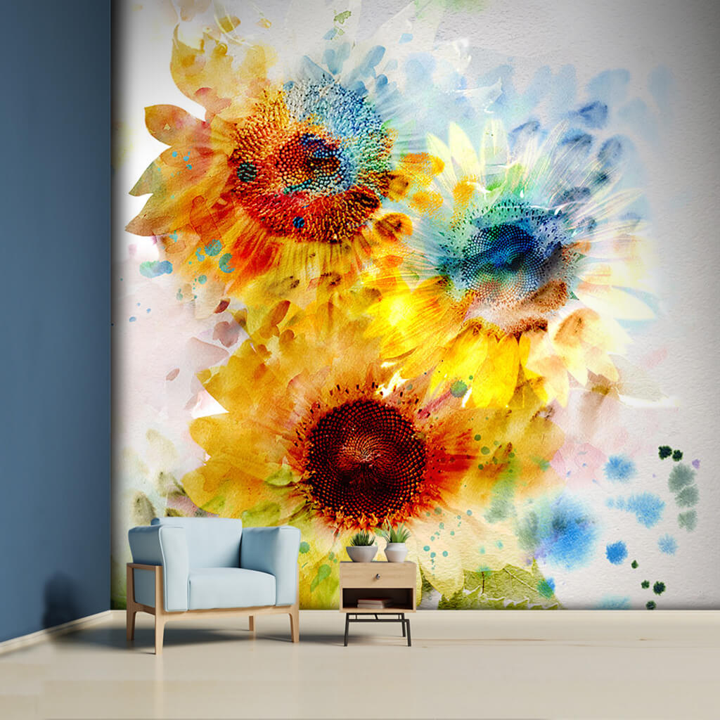 Minimalist sunflower picture watercolor painting wall mural