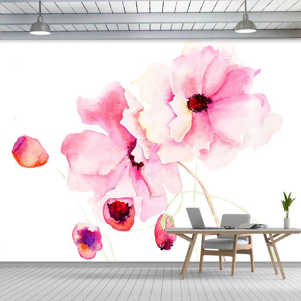 Pink flowers and buds watercolor painting custom wall mural