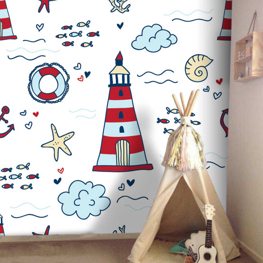 Lighthouse starfishes waves baby room wallpaper