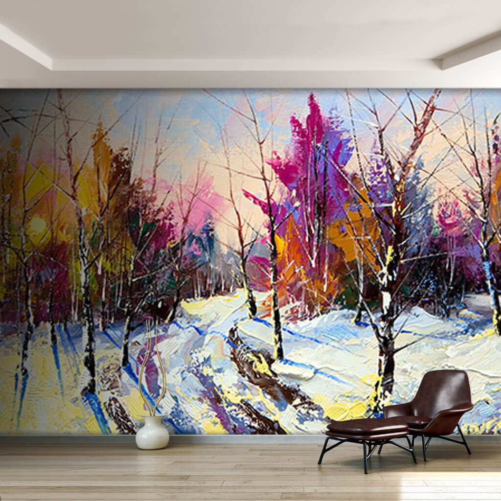 Ormanda Panoramik kış gün batımı yağlıboya resim duvar kağıdı