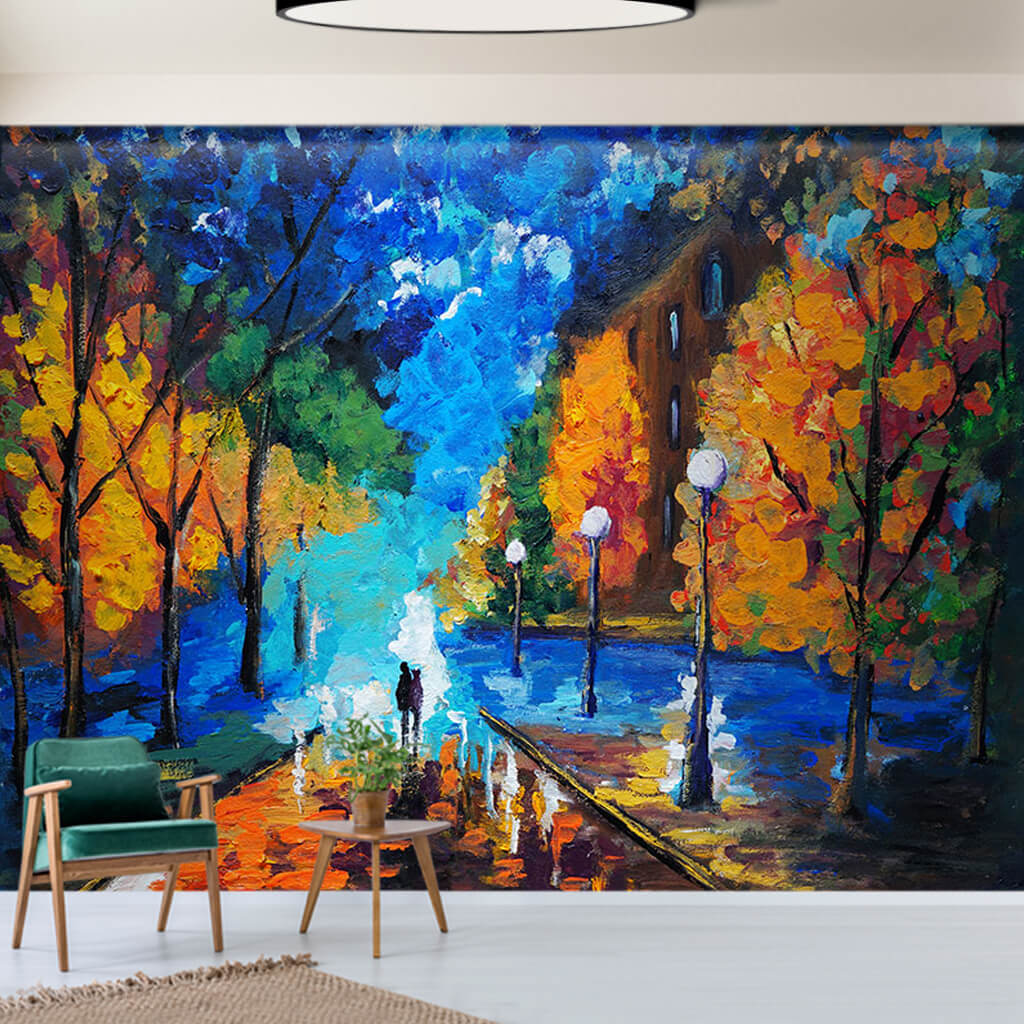 Lovers walking in the park at night oil painting wall mural