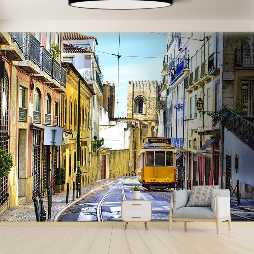 Yellow tram in the city streets Lisbon Portugal wall mural