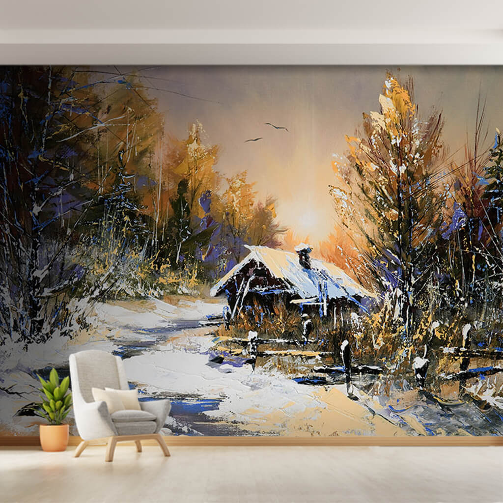 Old hut in forest winter landscape oil painting wall mural