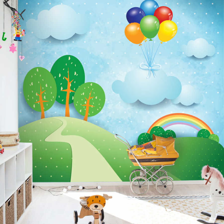 View of colorful balloons rainbow and green hills wall mural