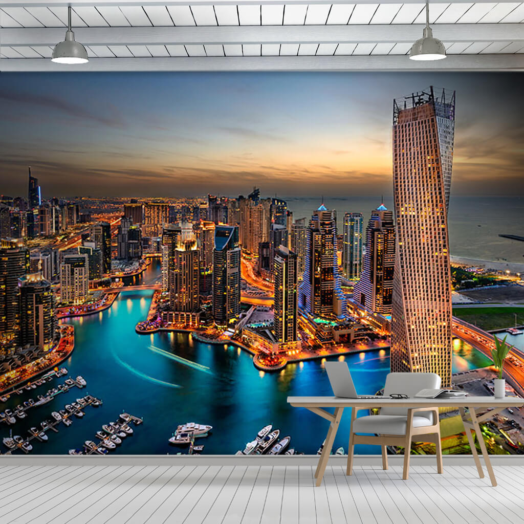 Marina yat limanı oteller ve gece Dubai duvar kağıdı