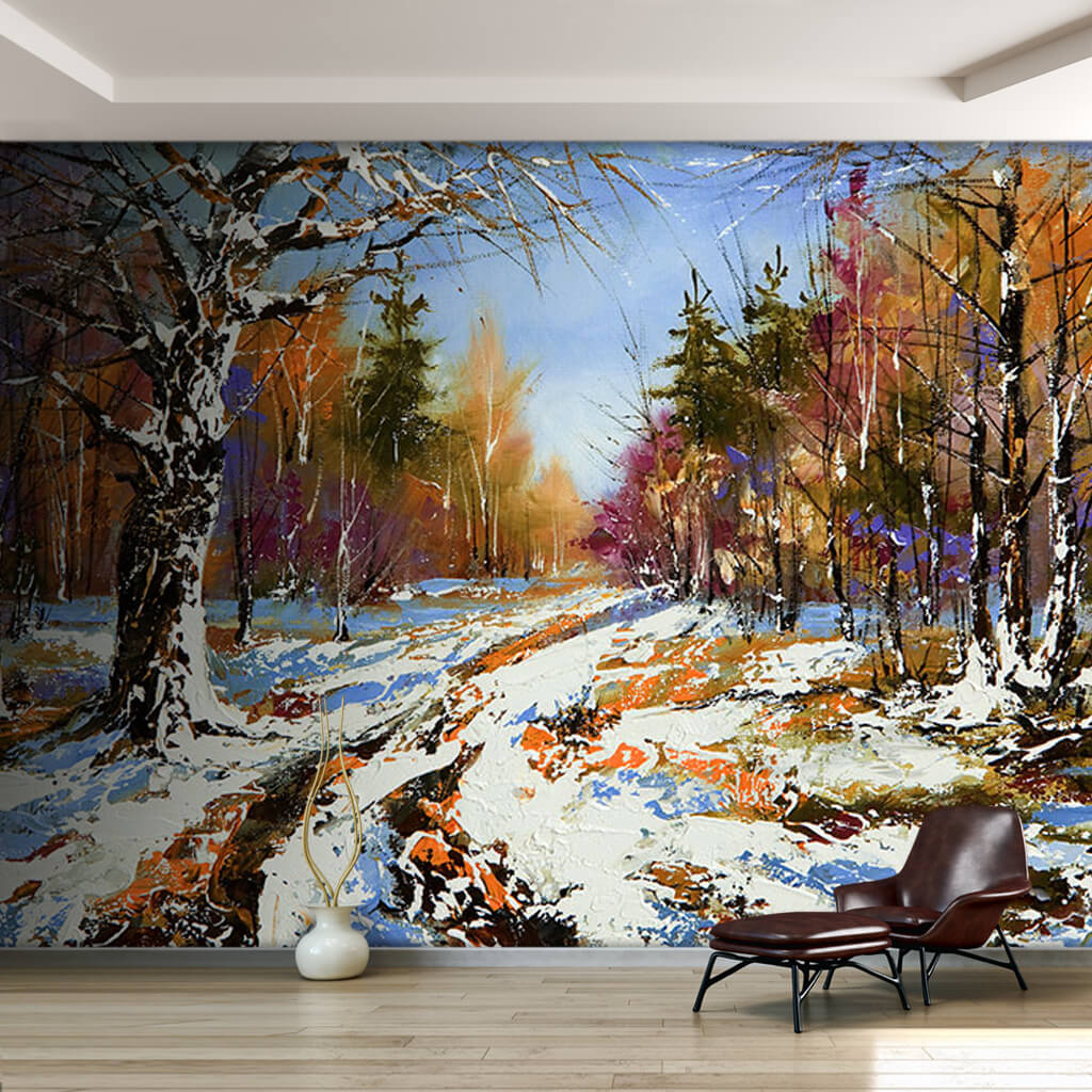 Orman içinde karlı yol kış manzarası yağlı boya duvar kağıdı