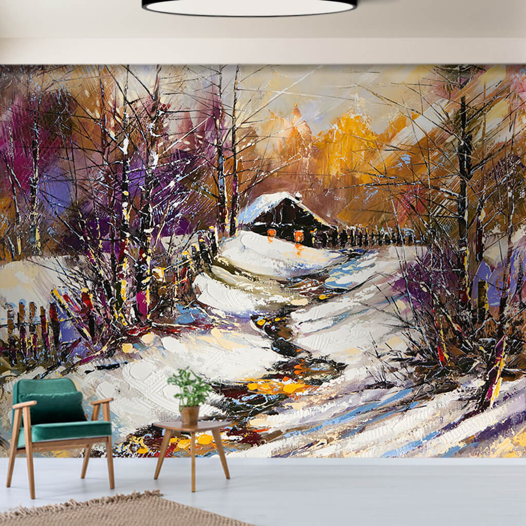 Old farmhouse winter landscape oil painting wall mural