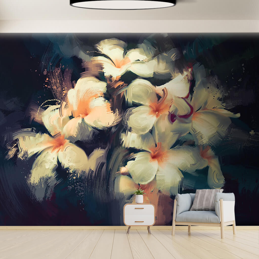 White narcissus flowers in the dark oil painting wall mural