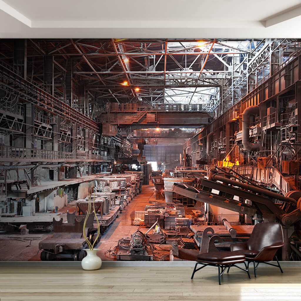 Interior view of industrial iron steel factory wall mural