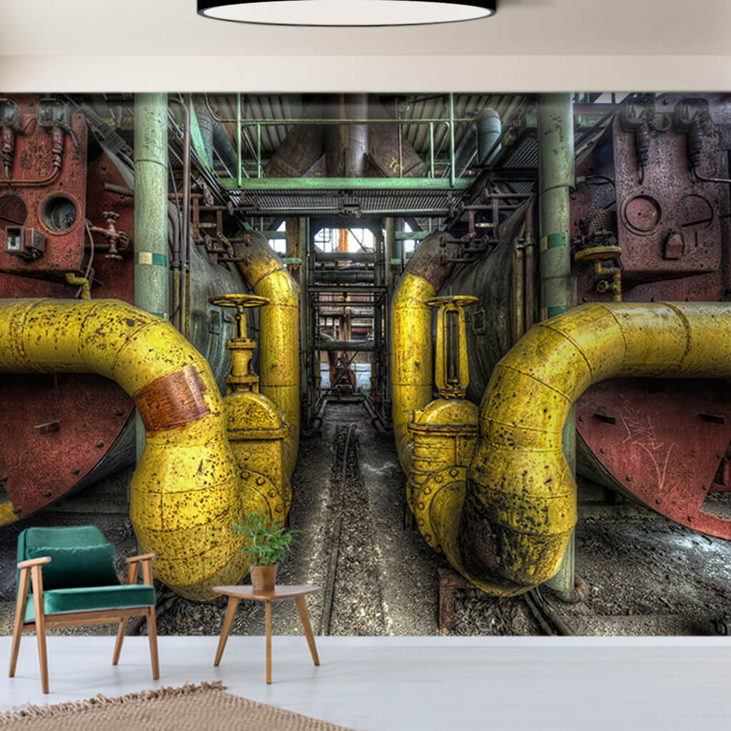 Yellow gas pipes in old industrial factory building wall mural