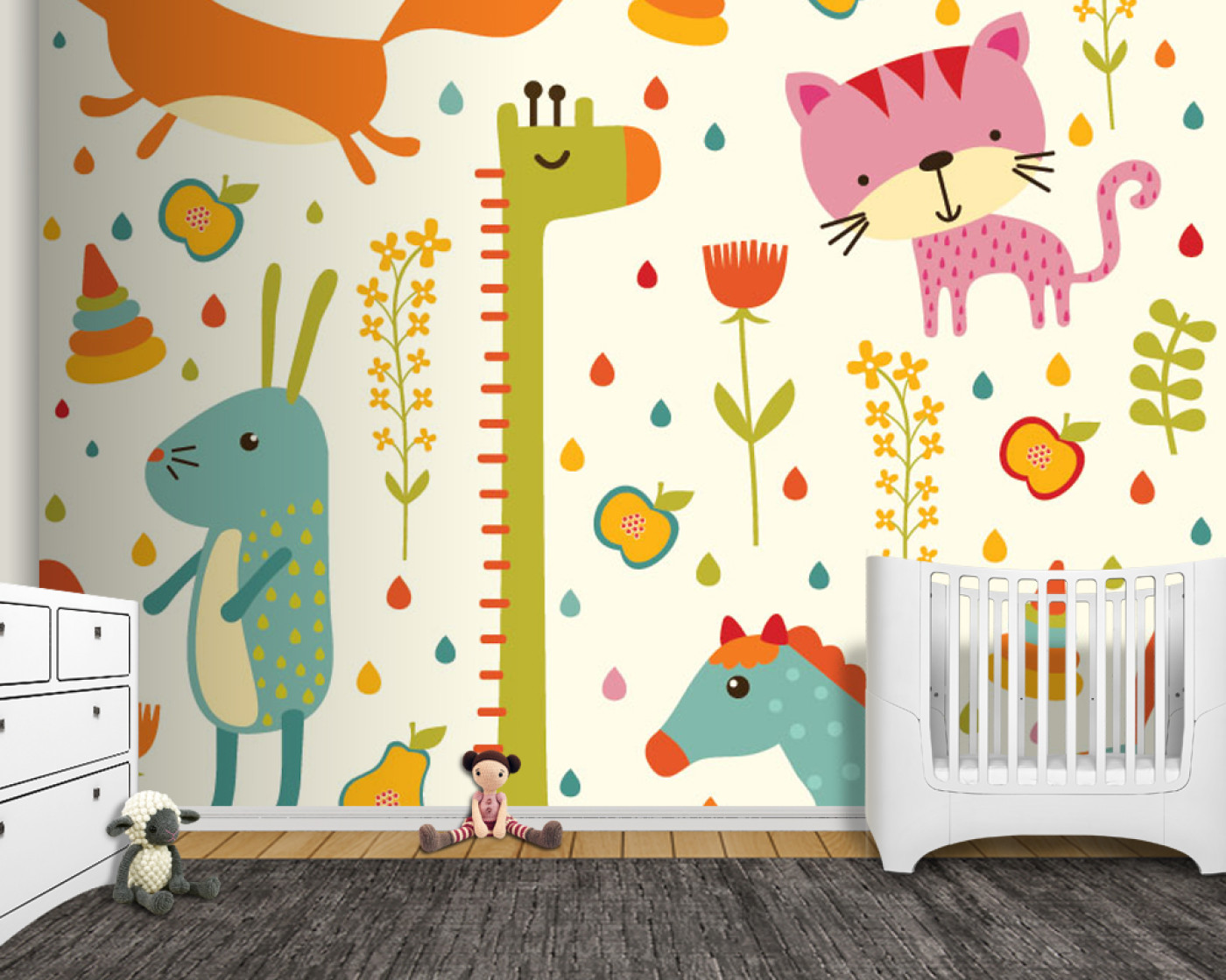 Zürafa tavşan at ve kedi bebek odası duvar kağıdı