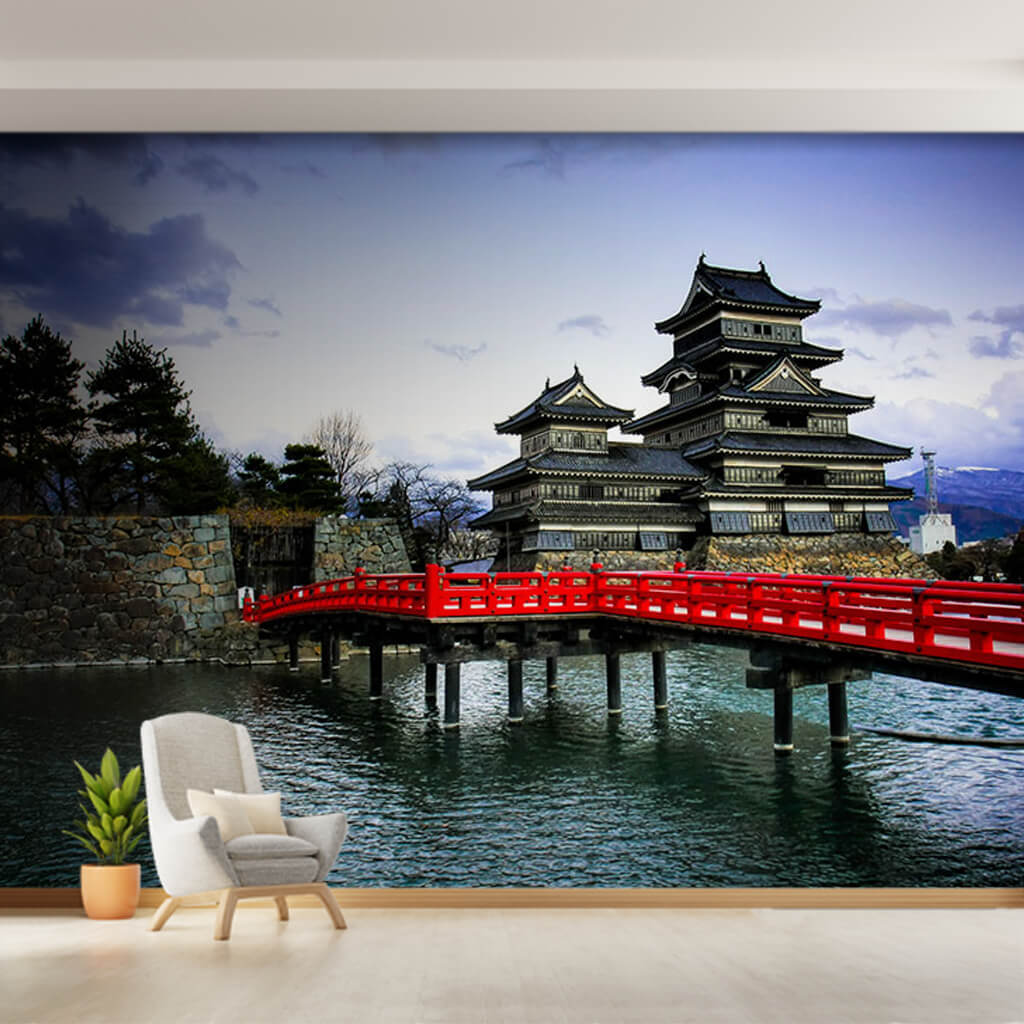 Kırmızı köprü ve Matsumoto Kalesi Japonya duvar kağıdı