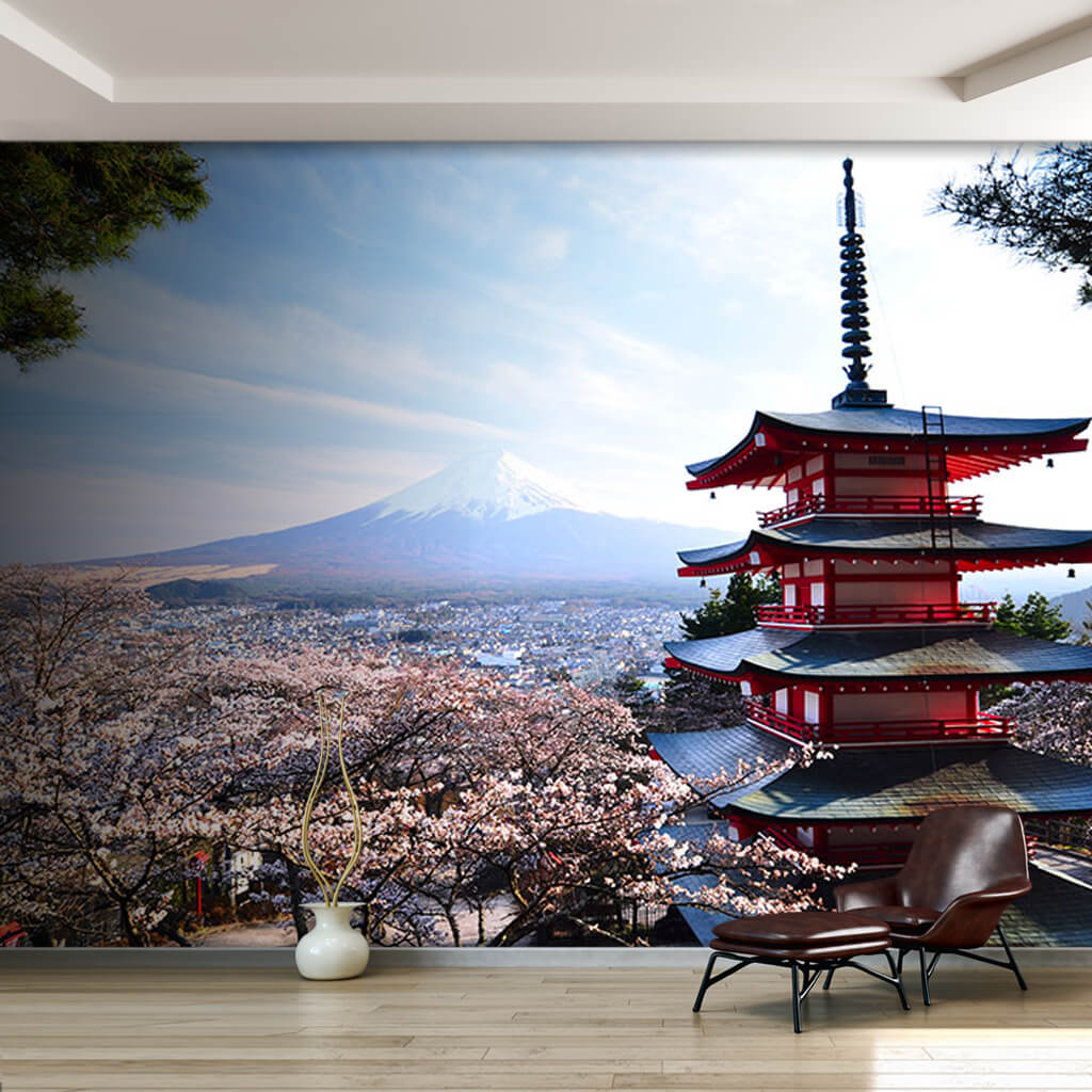 Kırmızı deprem kulesi Fuji dağı Kiraz çiçeği Japonya duvar kağıdı