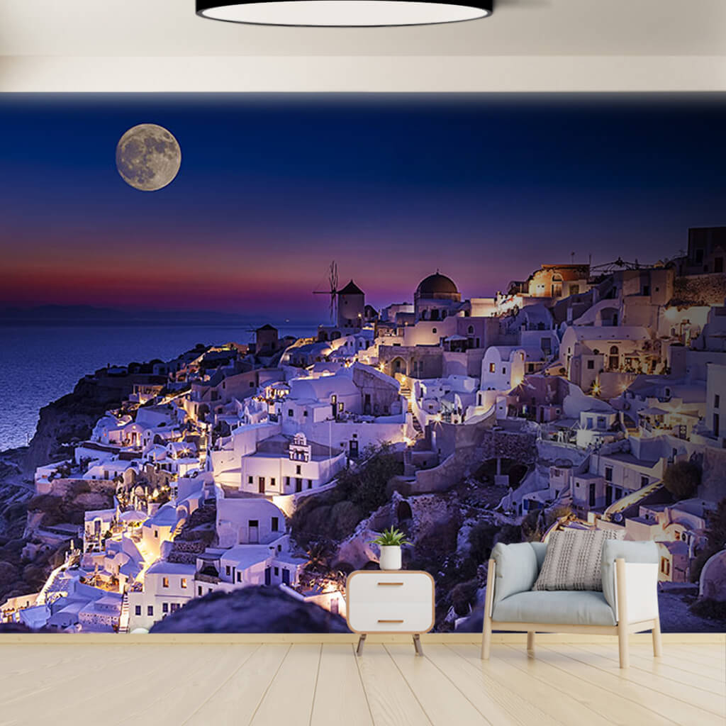 Santorini Adası ve evler akşam Yunanistan duvar kağıdı