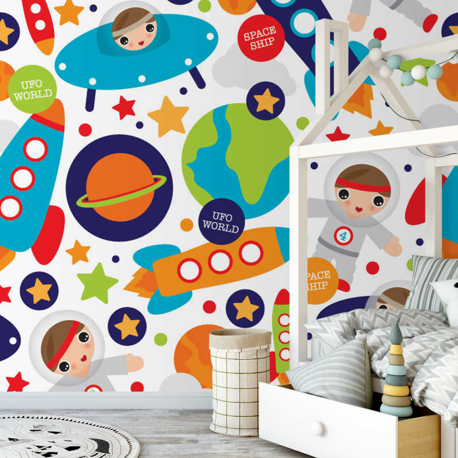 Space ships and ufo world cute drawings baby room wall mural