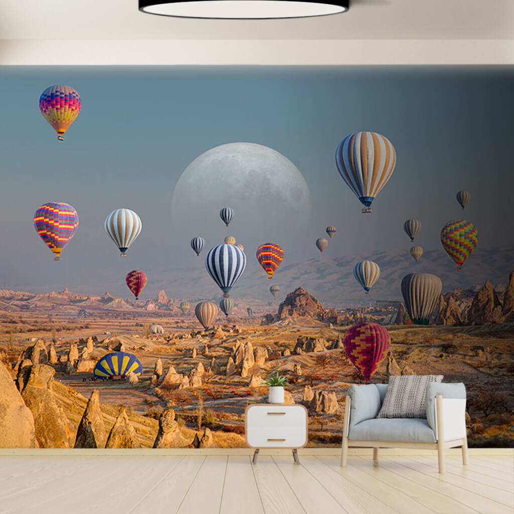 Hot air balloons and moon over Cappadocia Turkey wall mural