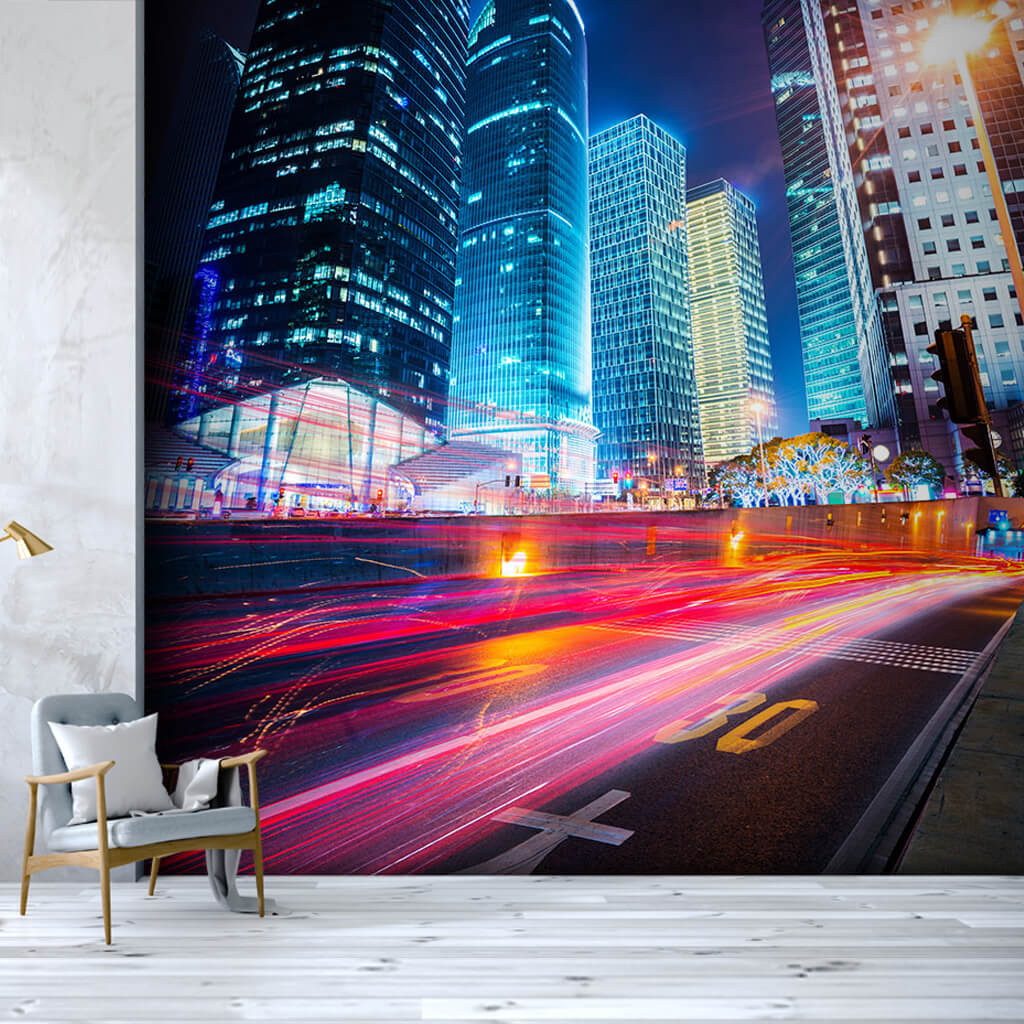 Skyscrapers and traffic lights long exposure wall mural