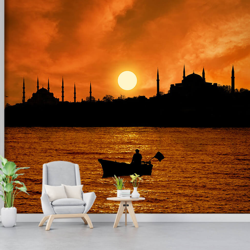 Sunset and fisherman at Bosphorus Istanbul Turkey wall mural