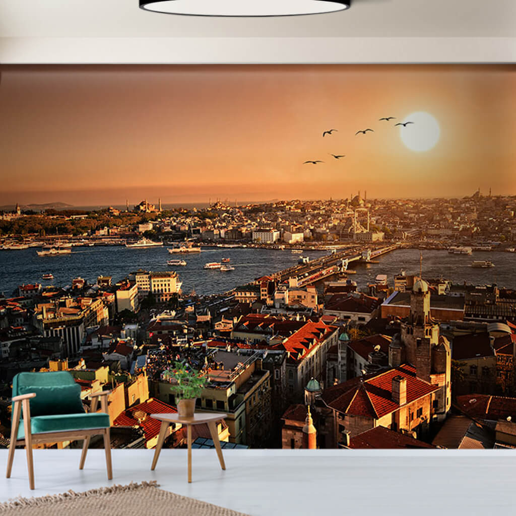Sunset in Istanbul and Golden Horn city skyline wall mural