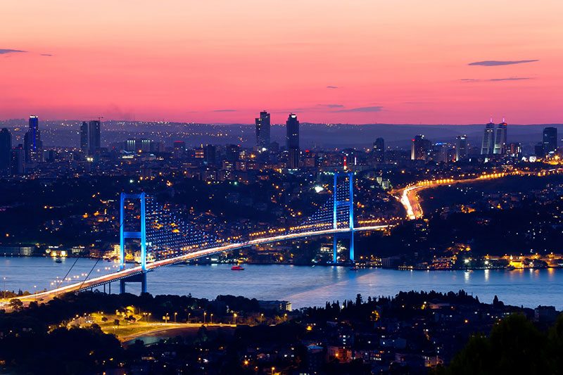 Traffic in Istanbul flowing through Bosphorus Bridge at night