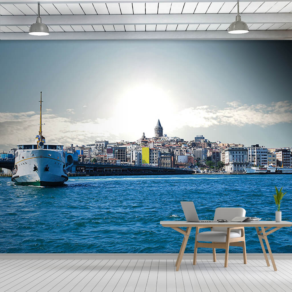 Ferry on Bosphorus Galata tower and city Istanbul wall mural
