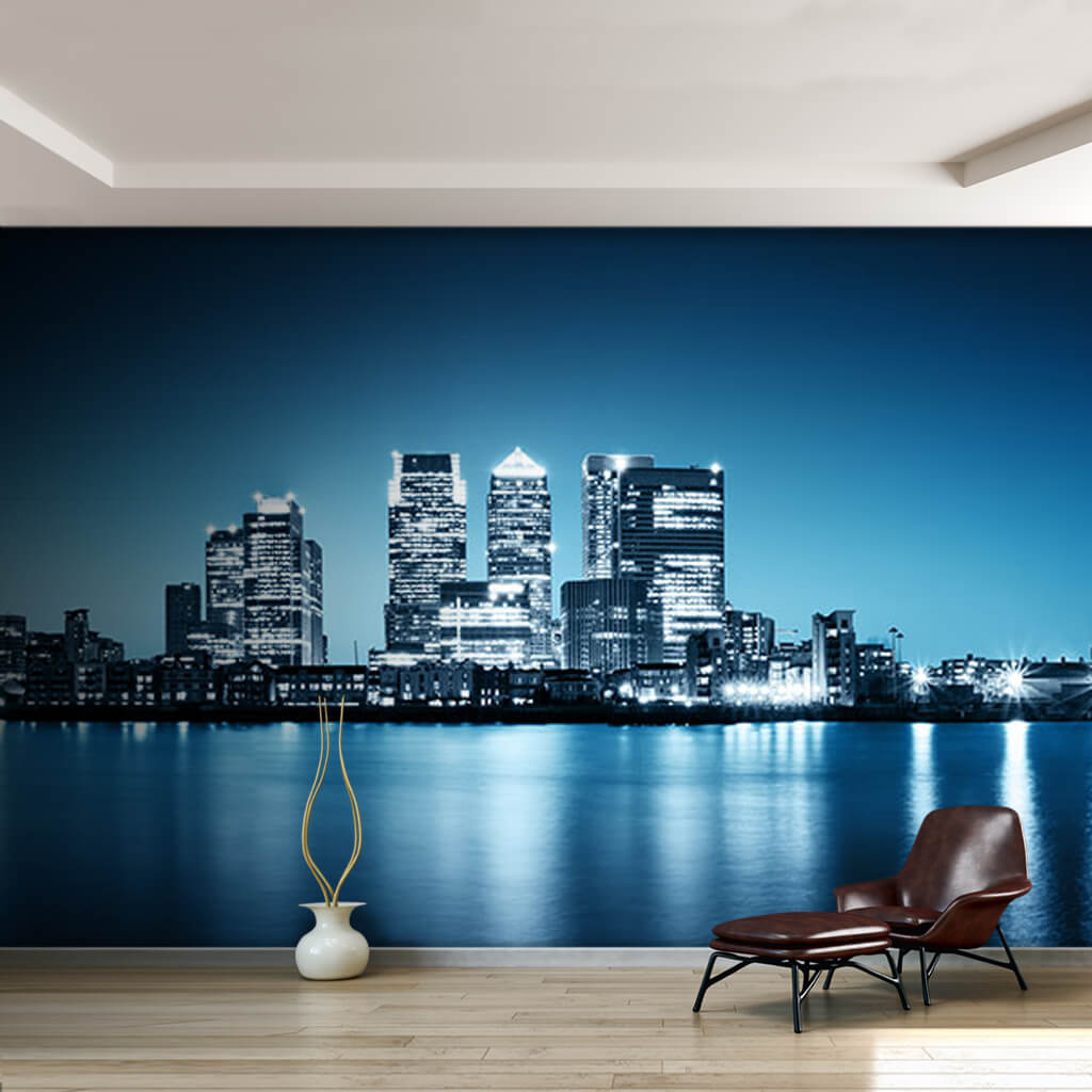 Thames River and London skyscrapers at night wall mural