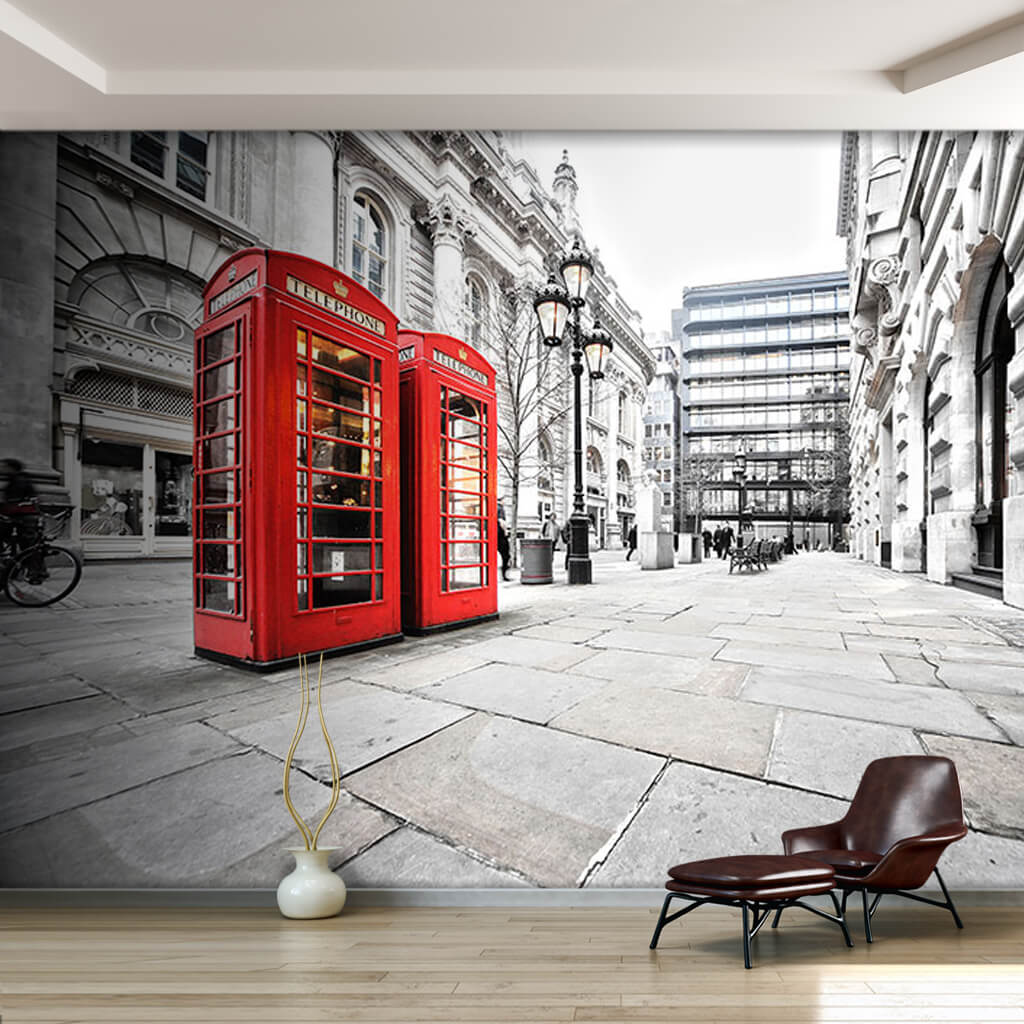 London streets and red telephone booths custom wall mural