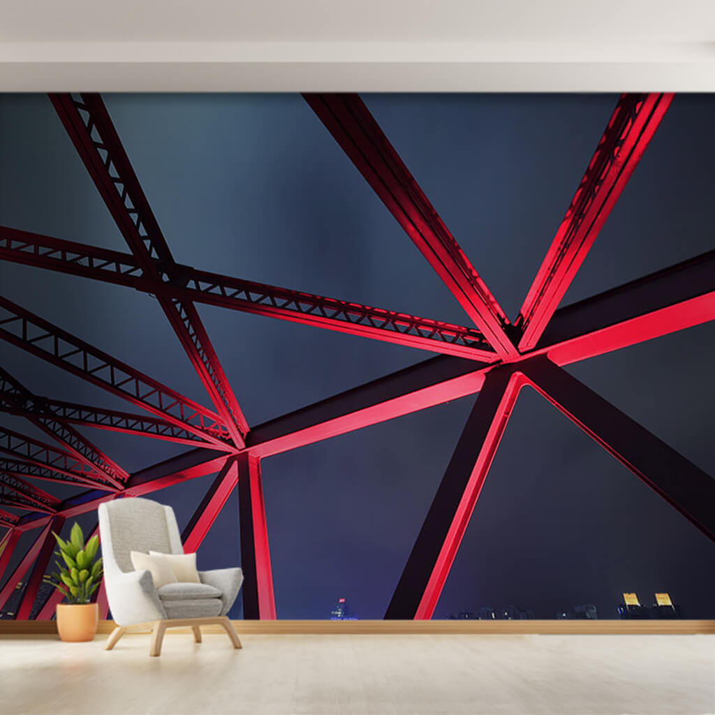 Steel bridge detail with red light at night custom wall mural