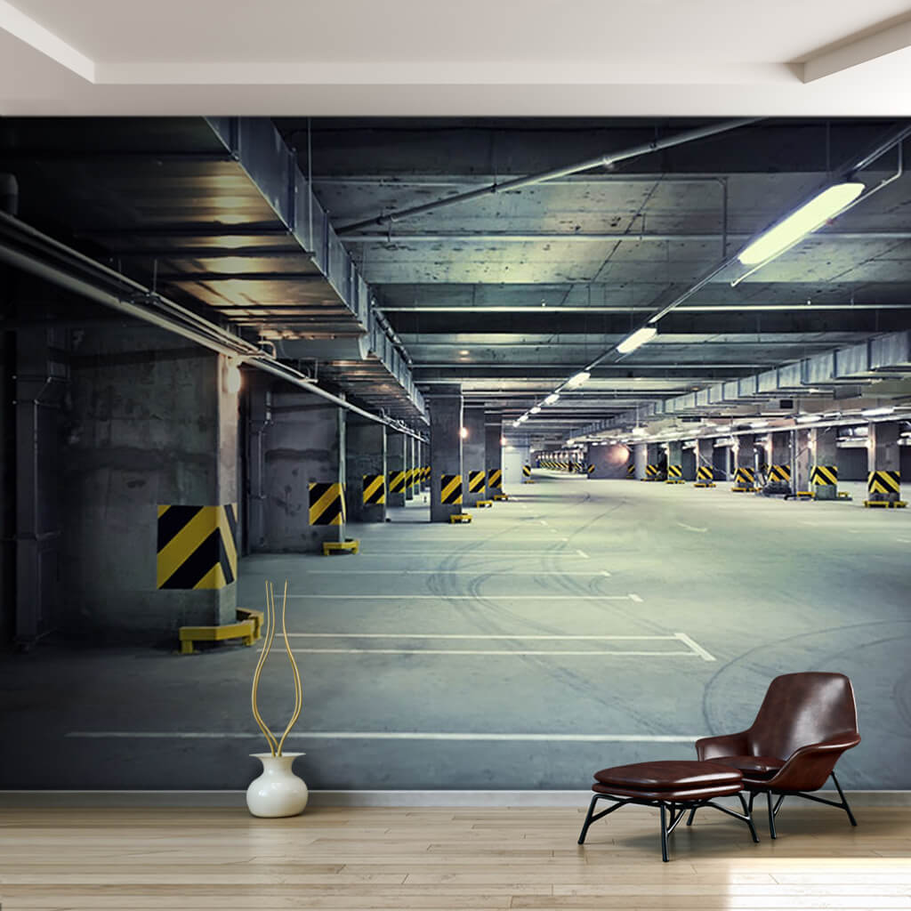 Concrete underground park with yellow traffic signs wall mural