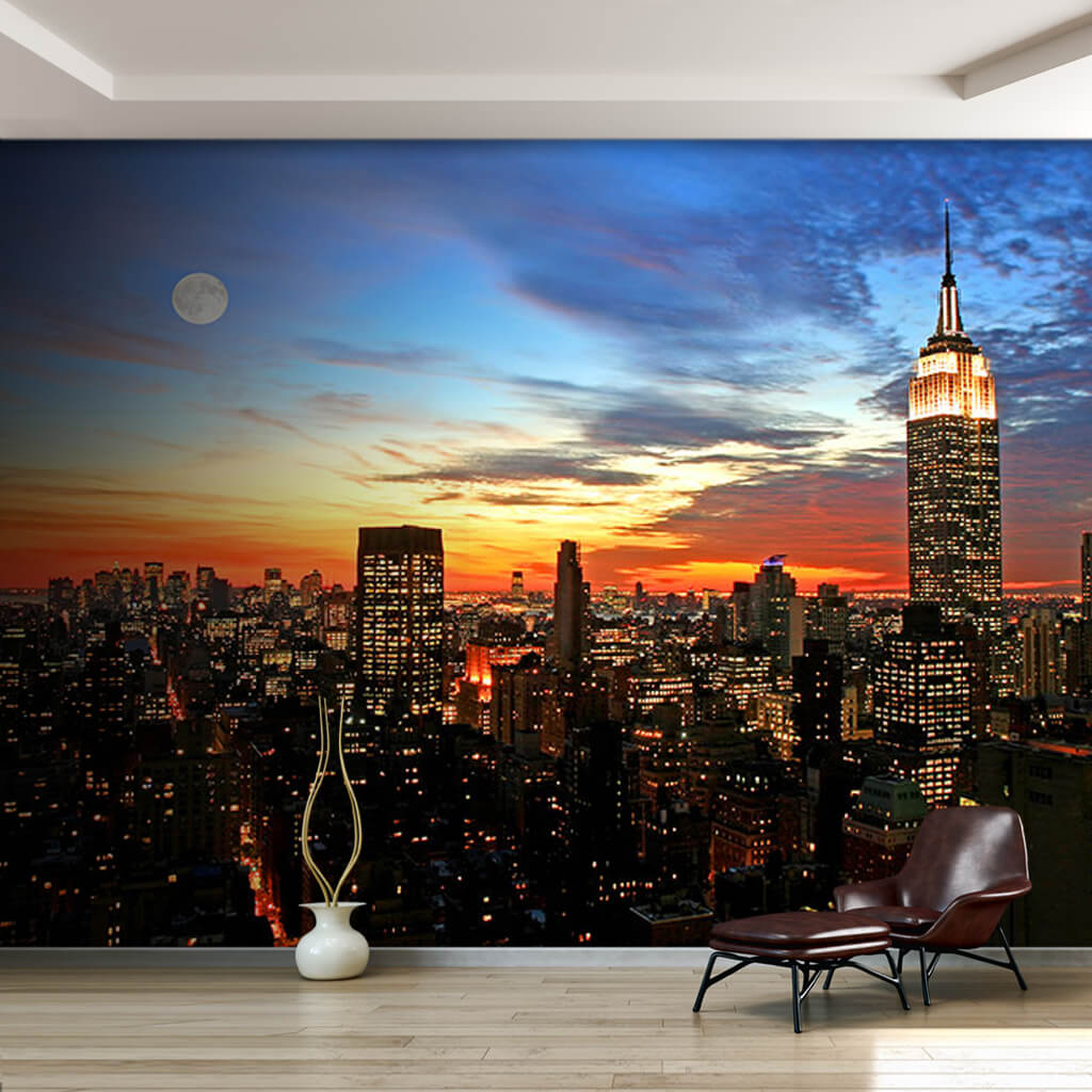 Full moon and silhouette of city at sunset New York wall mural