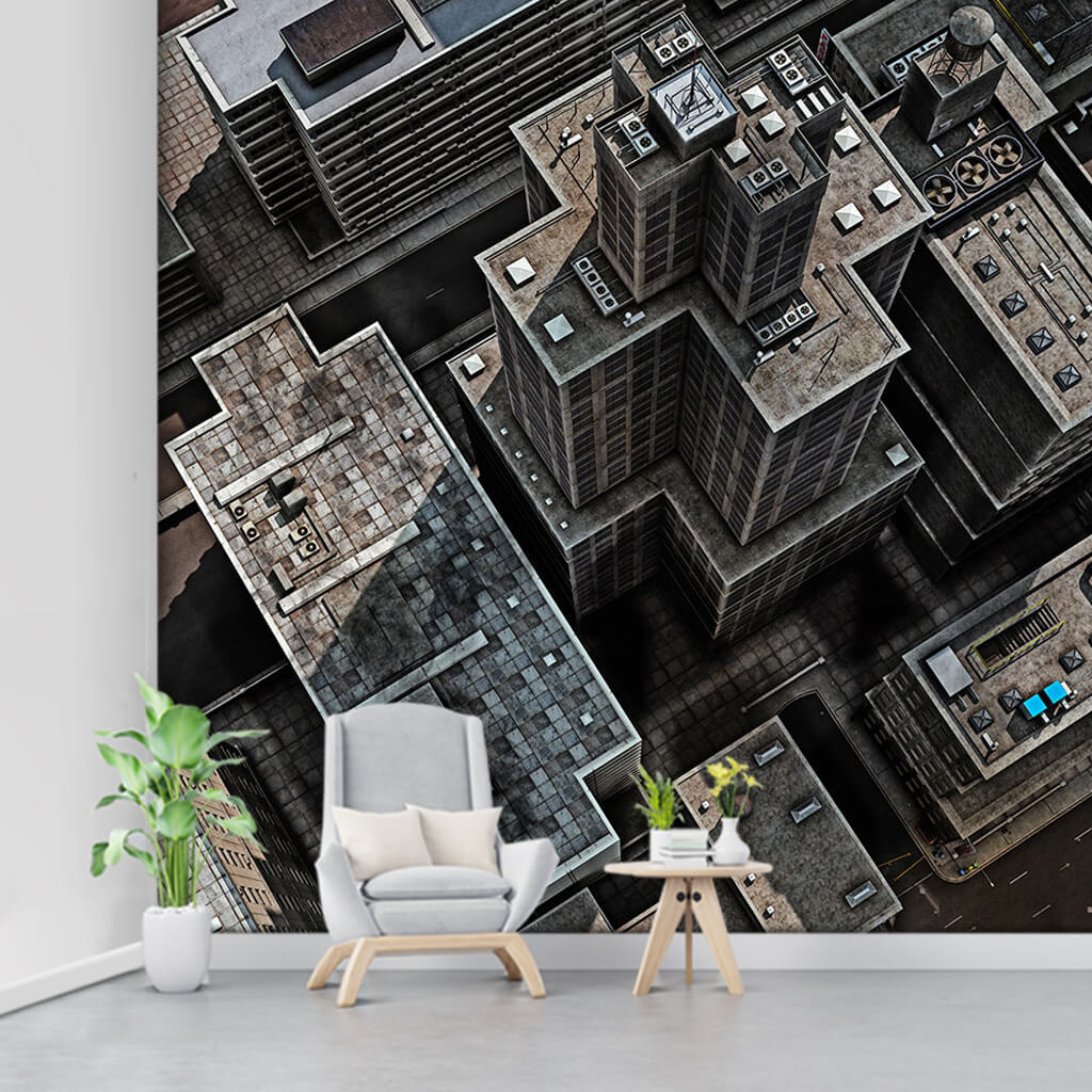 Bird eye view of city and skyscraper rooftops wall mural