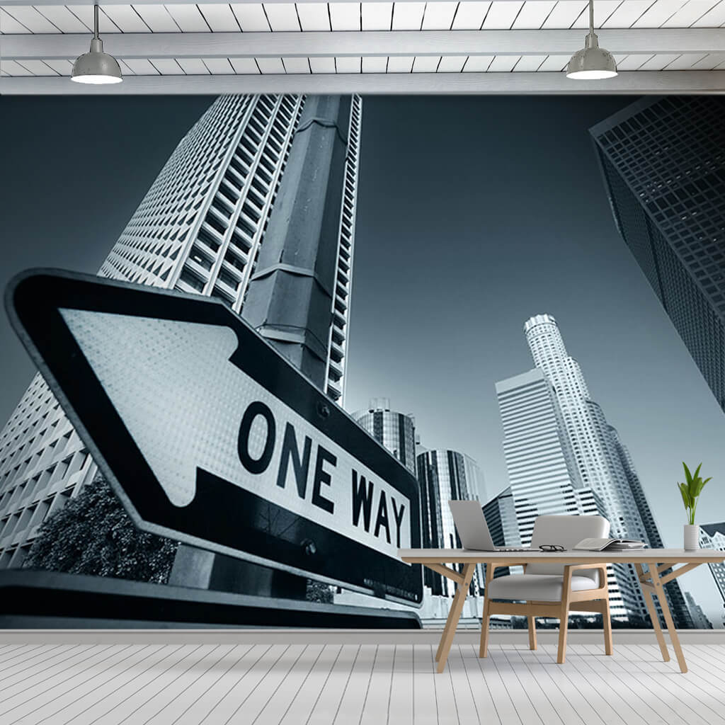 One way sign skyscrapers and city scalable custom wall mural